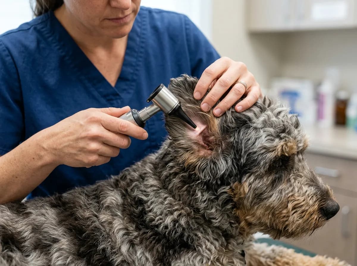 Veterinarian in navy scrubs examining a grey merle Aussiedoodle's ear with an otoscope in a clinic