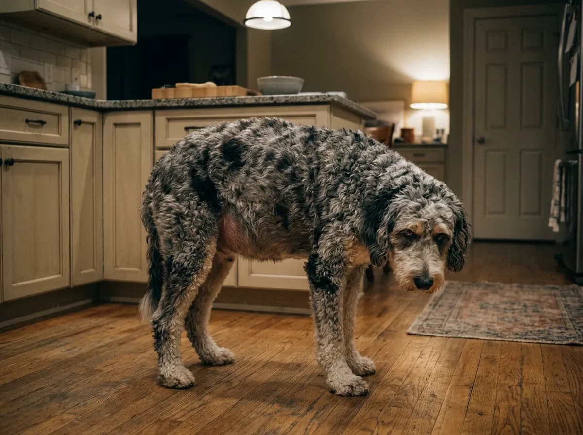 Grey merle Aussiedoodle standing hunched on a kitchen floor with a swollen tight belly and lowered head