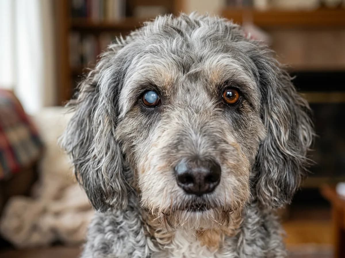 Grey senior Aussiedoodle facing forward with one eye clouded pale blue and the other eye clear amber