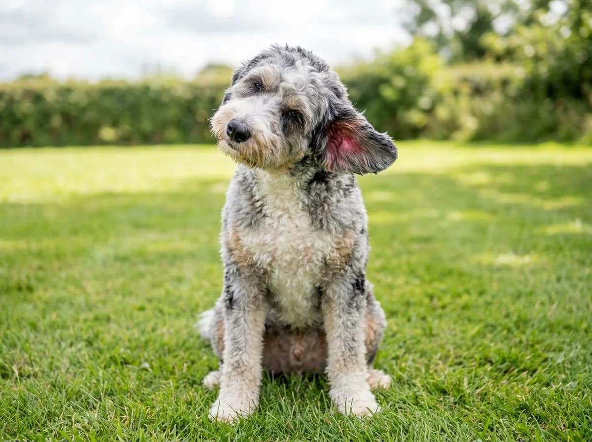 Merle Aussiedoodle sitting on grass with head tilted, showing a red inflamed lower ear