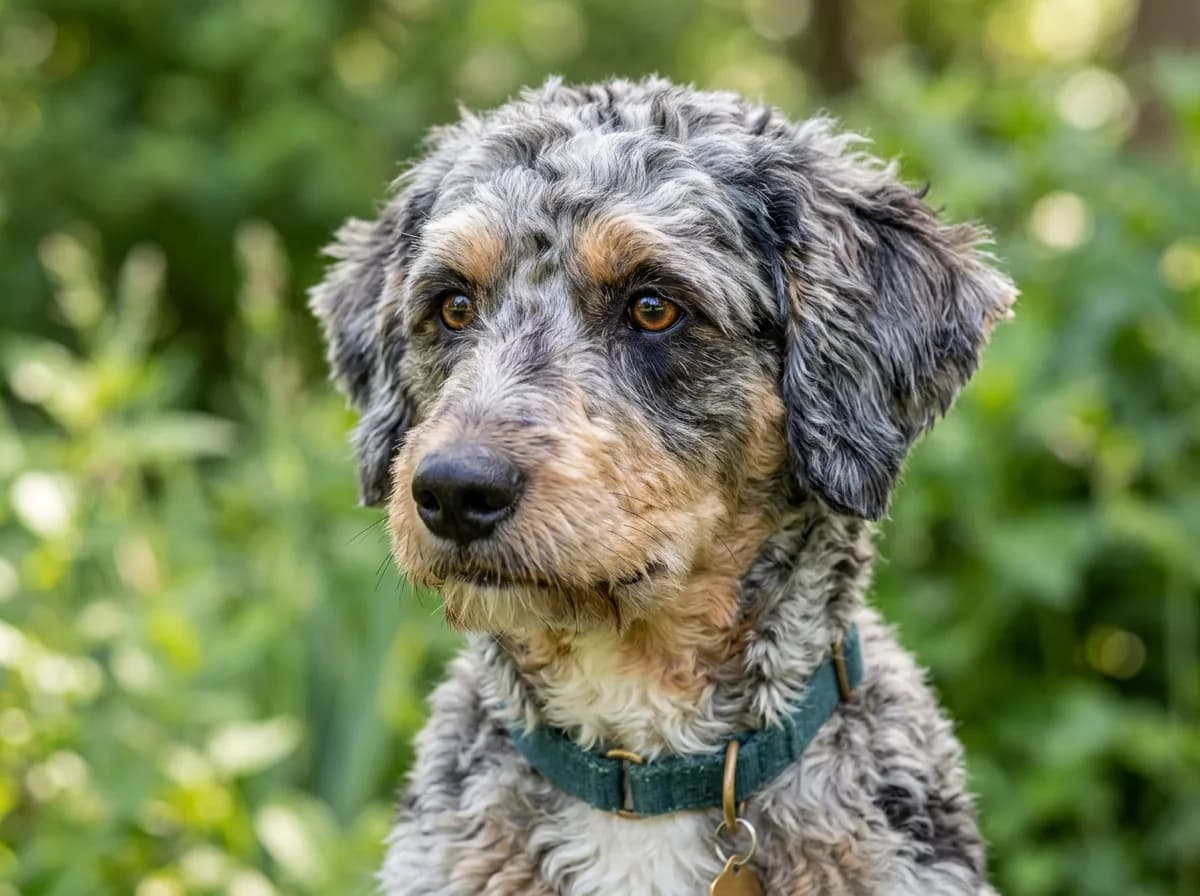 Head portrait of a grey merle Aussiedoodle with tan eyebrows wearing a green collar outdoors