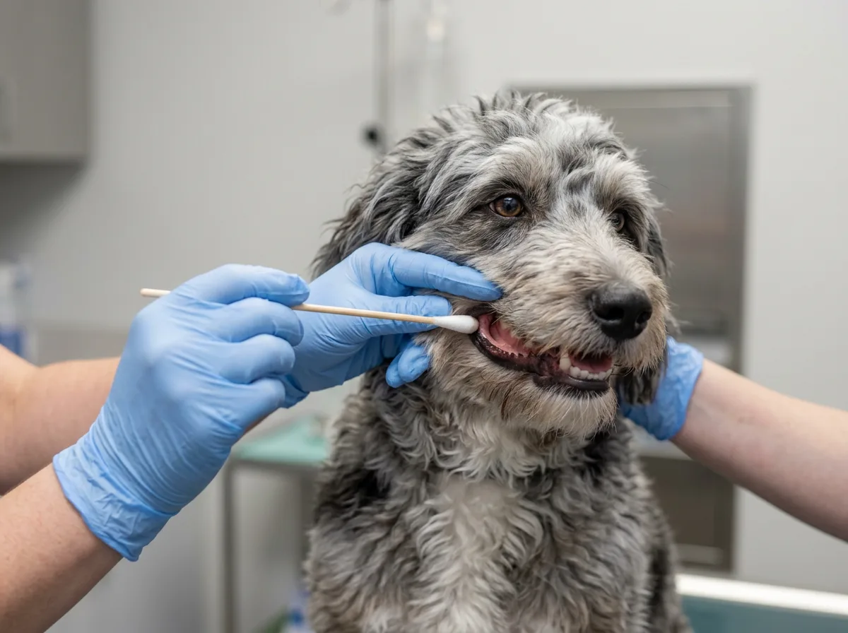 Gloved hands holding a cotton swab to the mouth of a calm grey merle Aussiedoodle in a clinic
