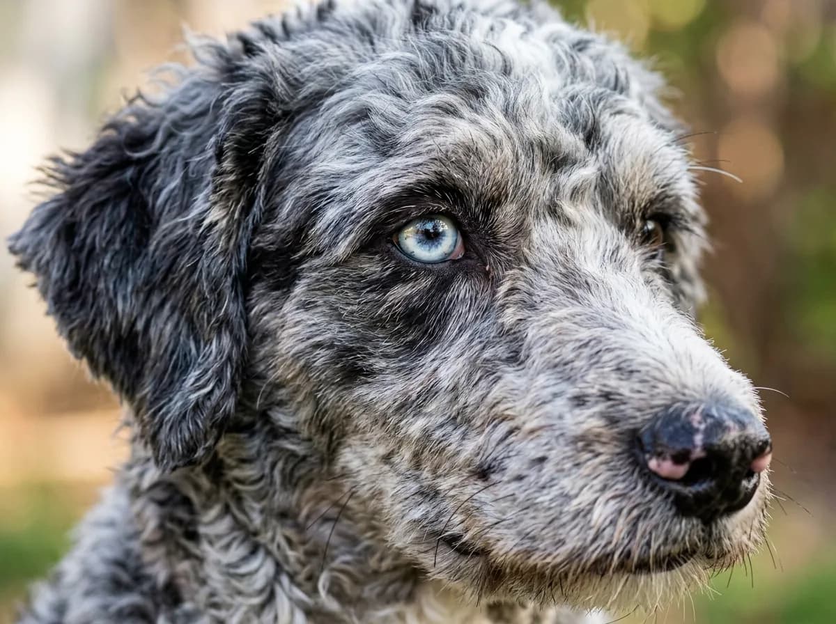 Close profile of a silver merle Aussiedoodle with a pale blue eye and a mottled pink and black nose