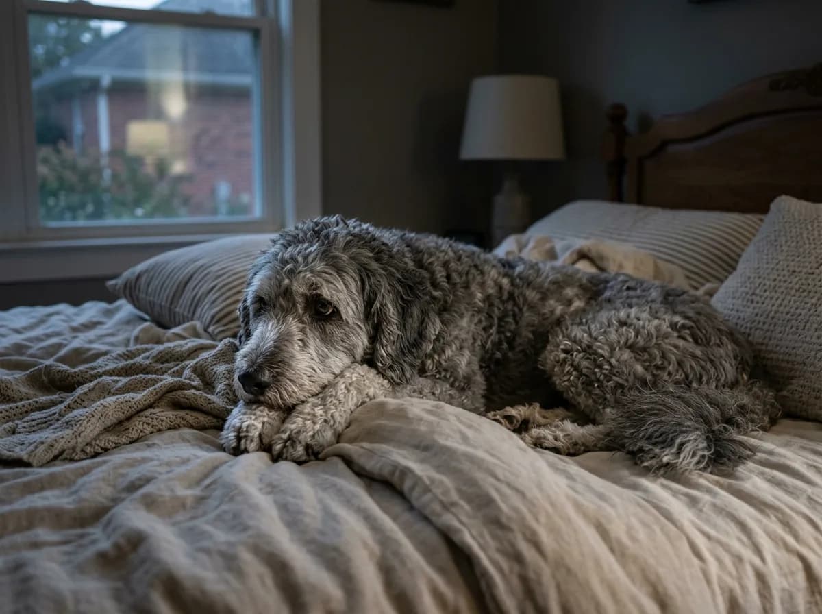 Grey muzzled senior Aussiedoodle lying on a bed with its chin resting across its front paws