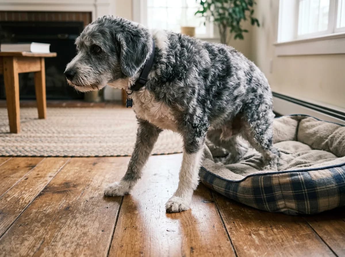 Grey senior Aussiedoodle pushing up off a plaid dog bed onto a wooden floor, hindquarters still low