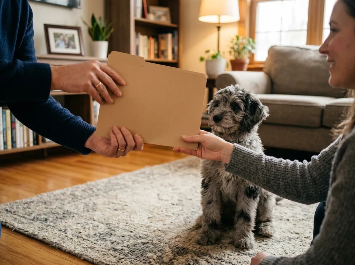 Two people passing a plain folder beside a grey Aussiedoodle puppy sitting on a living room rug
