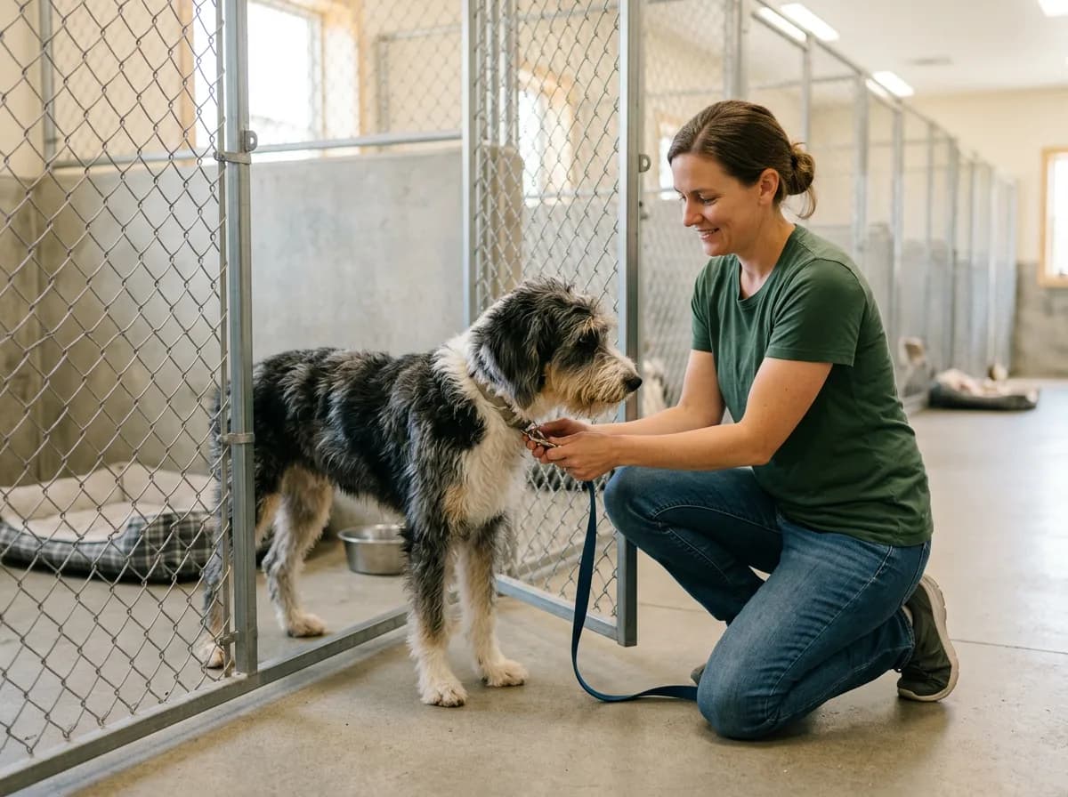 Shelter worker kneeling to clip a leash onto a shaggy black and white dog at a kennel gate