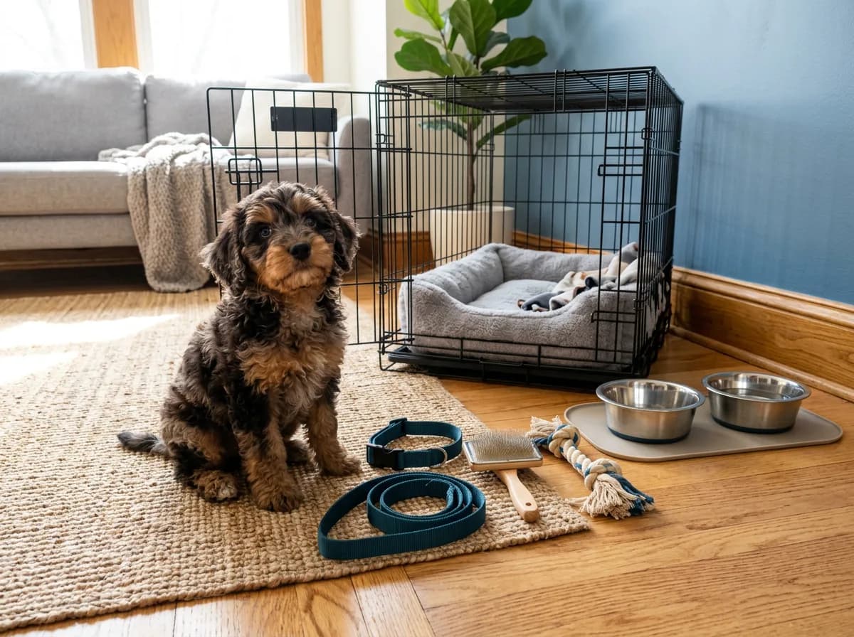 Merle Aussiedoodle puppy sitting beside a wire crate, bed, collar, lead, brush and steel bowls