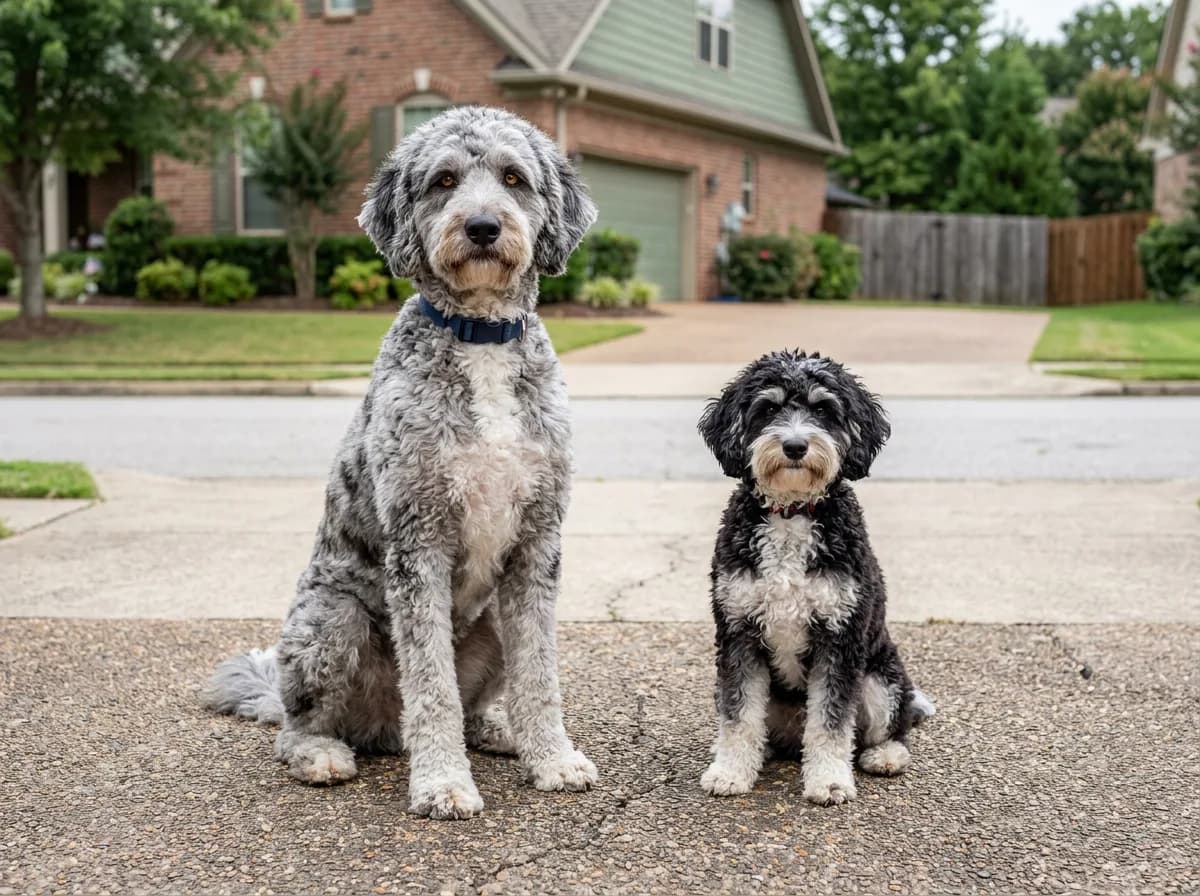 Large grey merle aussiedoodle and a smaller black and white one sitting side by side on a driveway