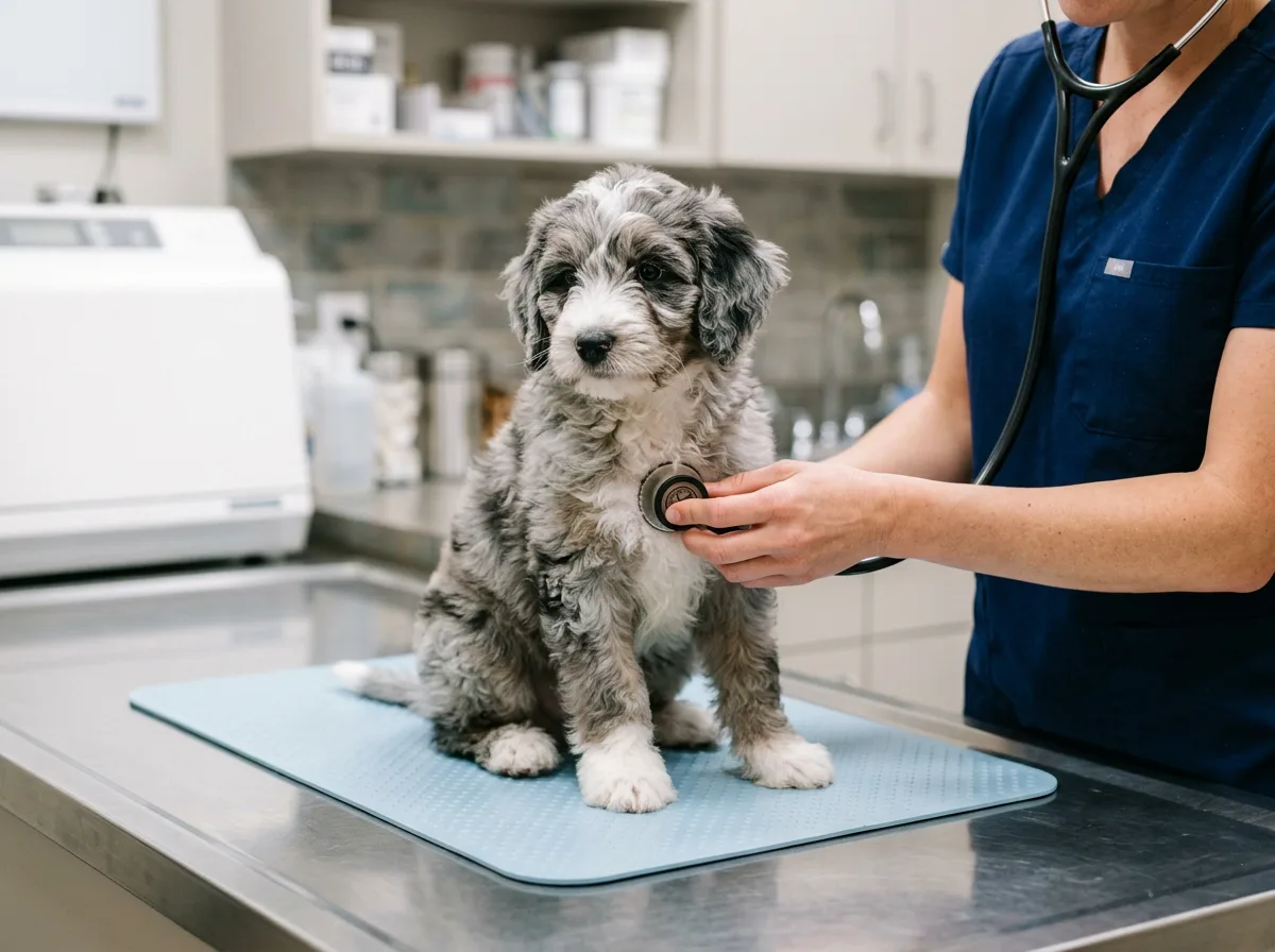 Blue merle Aussiedoodle puppy on a clinic table with a stethoscope held to its chest