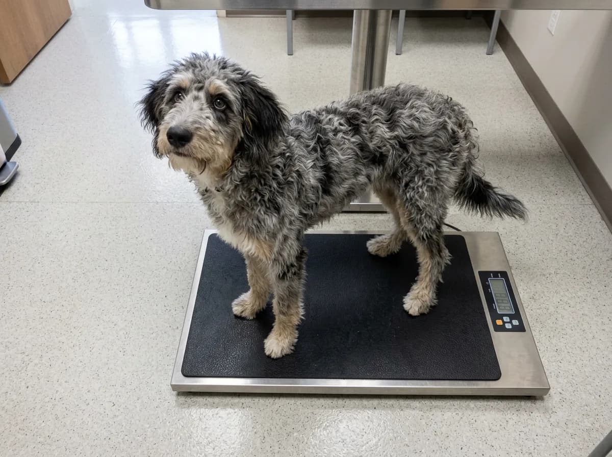 Shaggy grey merle dog standing on a flat floor scale in a veterinary exam room