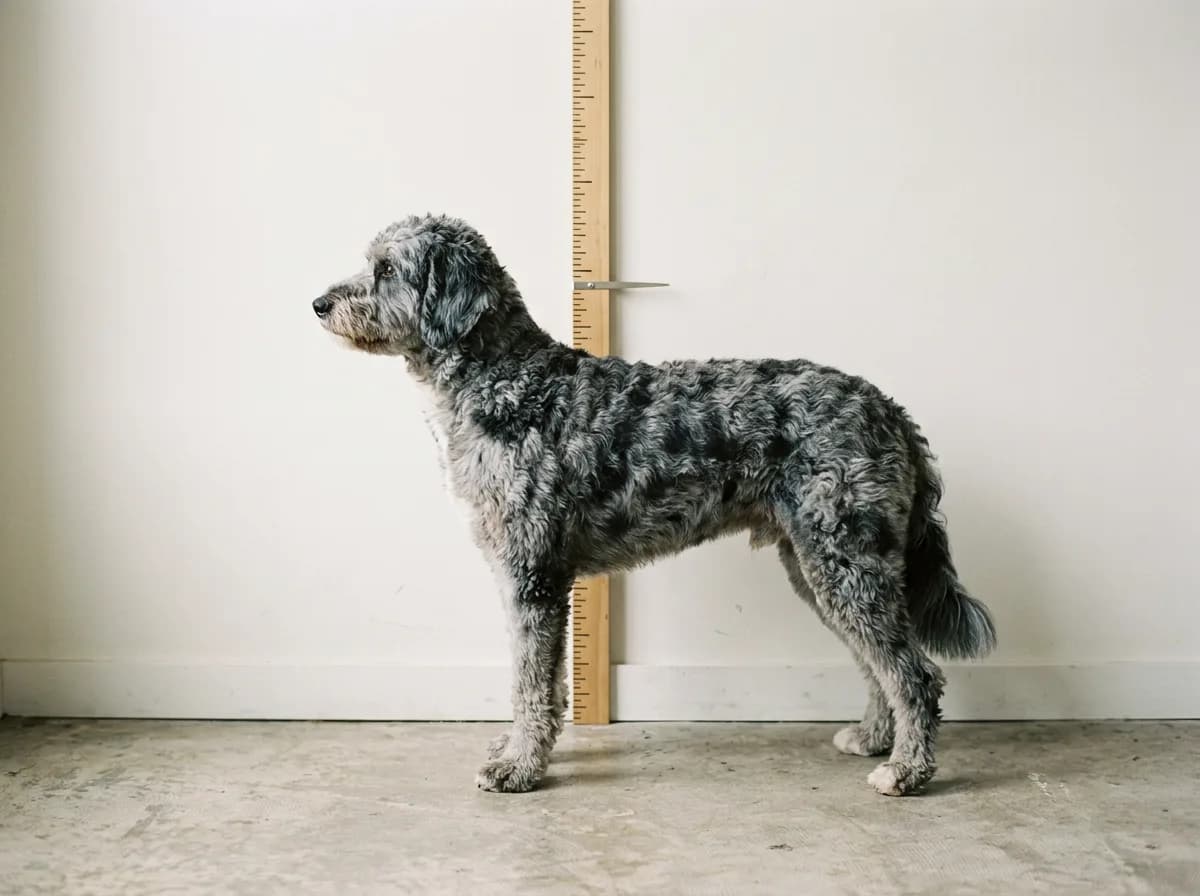Blue merle Aussiedoodle standing in profile beside a wooden height ruler mounted on a plain wall