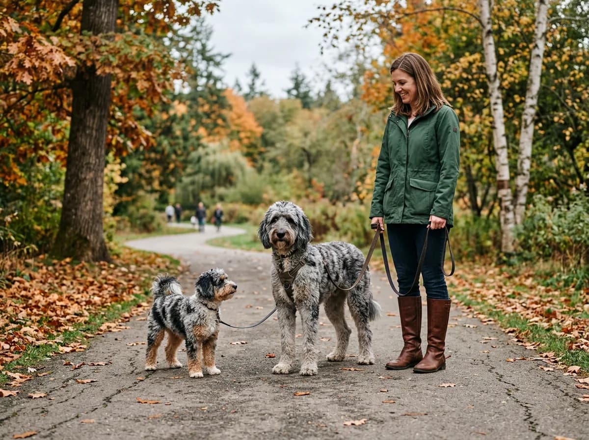 Woman on an autumn park path walking a large grey merle dog and a much smaller merle dog