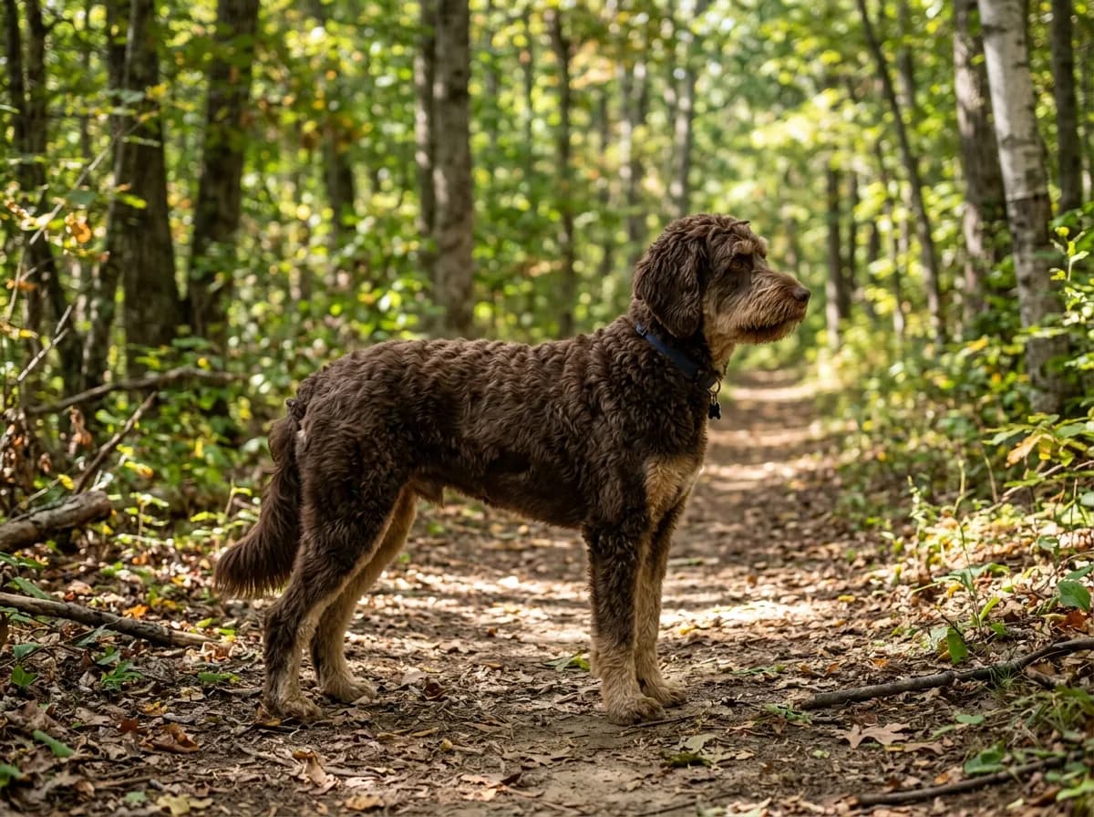 Chocolate Aussiedoodle with tan legs standing alert on a leaf covered woodland trail wearing a blue collar