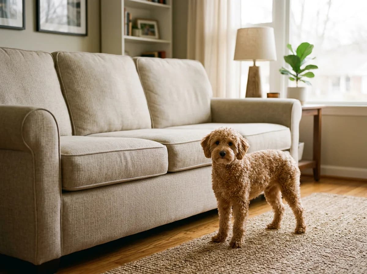 Small apricot Aussiedoodle standing on a jute rug beside a cream sofa in a sunlit living room