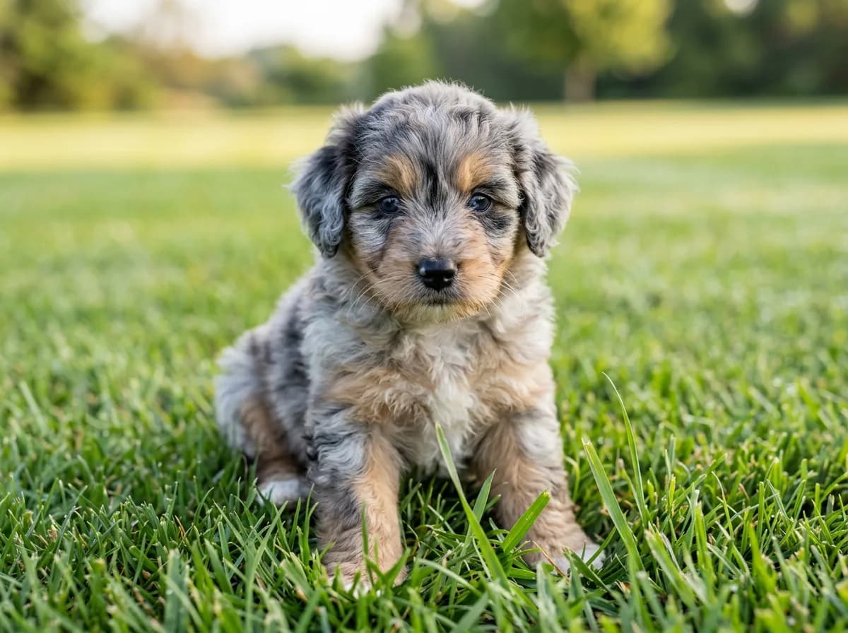 Young blue merle puppy with tan face markings sitting in short mown grass at a park