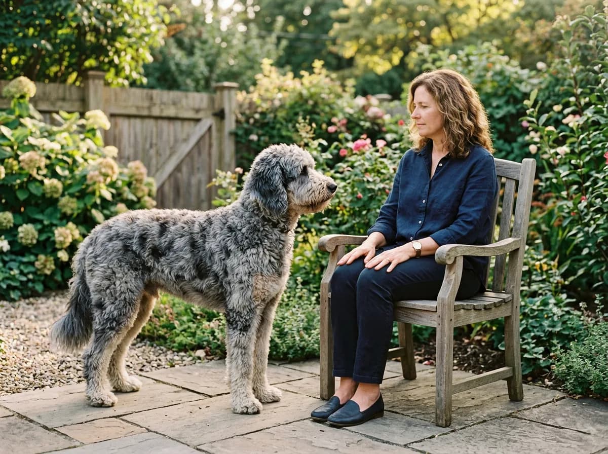 Large grey Aussiedoodle standing beside a woman seated on a garden bench, its head near her shoulder