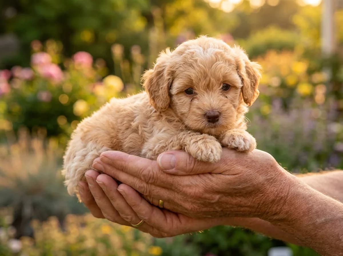 Tiny apricot puppy cradled in a pair of cupped adult hands in a sunlit flower garden