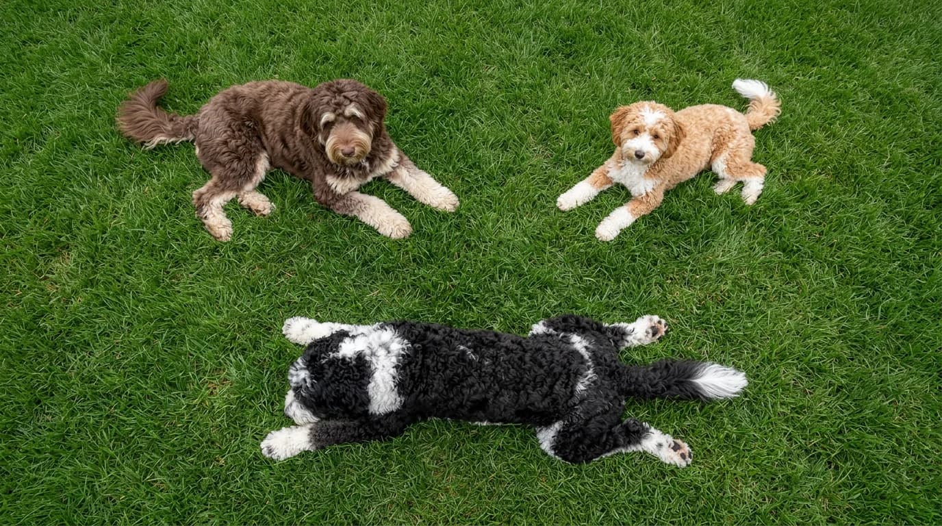 Overhead view of three Aussiedoodles resting on green grass, black and white, chocolate and apricot