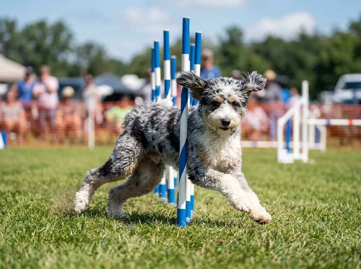 Blue merle Aussiedoodle running at speed past blue and white weave poles on a grass agility course
