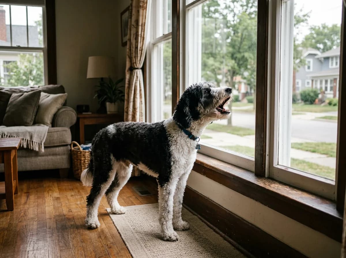 Black and white Aussiedoodle standing at a living room window barking, mouth open toward the street