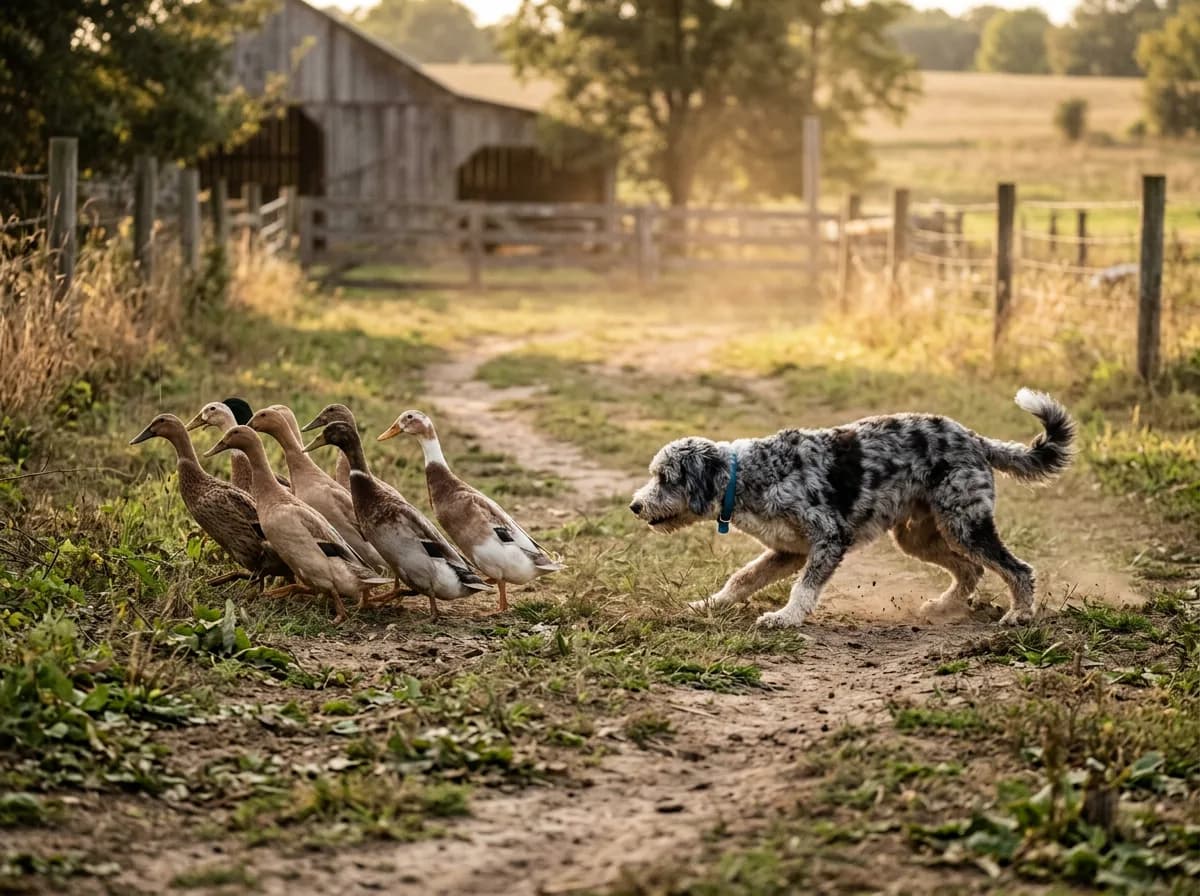 Blue merle dog crouching low as it moves a small flock of ducks along a farm track