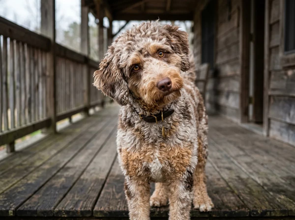 Close view of a brown and cream merle dog standing alone on a weathered wooden porch