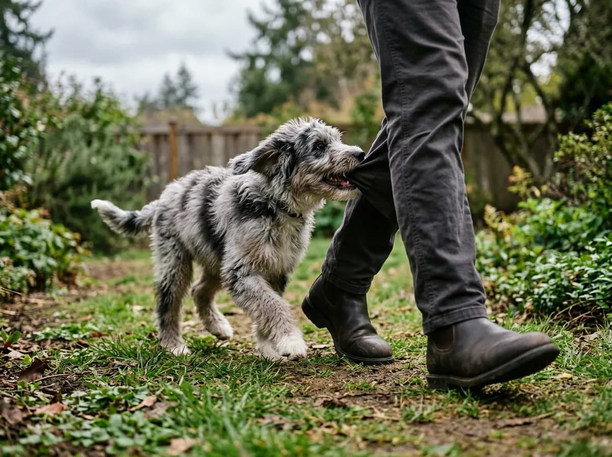 Blue merle Aussiedoodle puppy tugging at a person's trouser leg on a grassy garden path