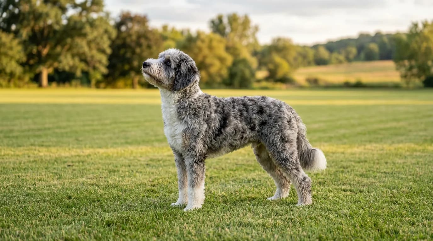 Blue merle Aussiedoodle standing alert on mown grass in an open field at golden hour