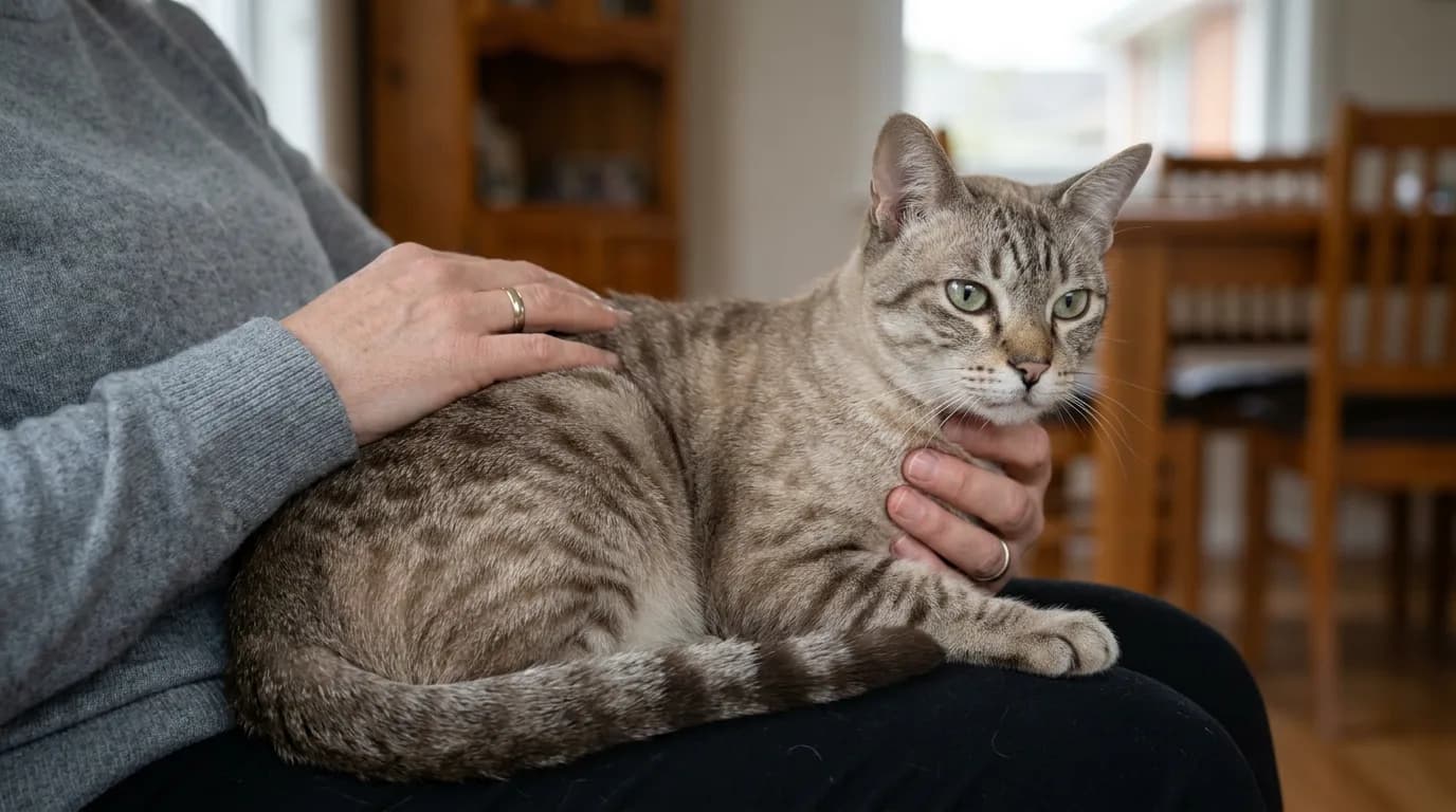 Spotted Australian Mist resting on a person’s lap