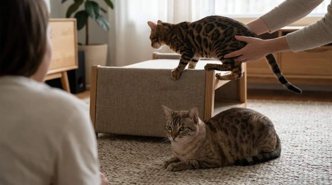 Australian Mist resting in the foreground while a rosetted Bengal steps onto a low platform