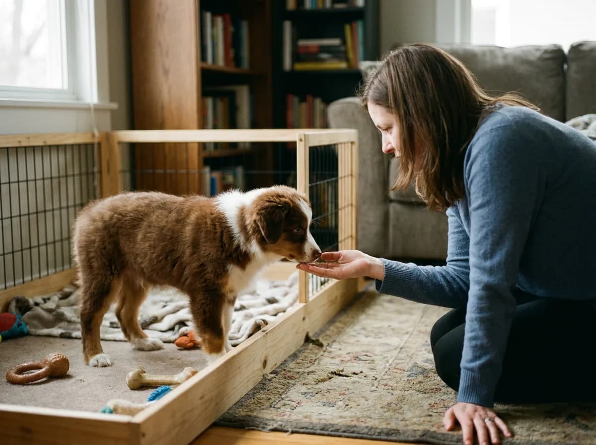 Red-and-white Australian Shepherd puppy meeting a visitor beside a home puppy pen.
