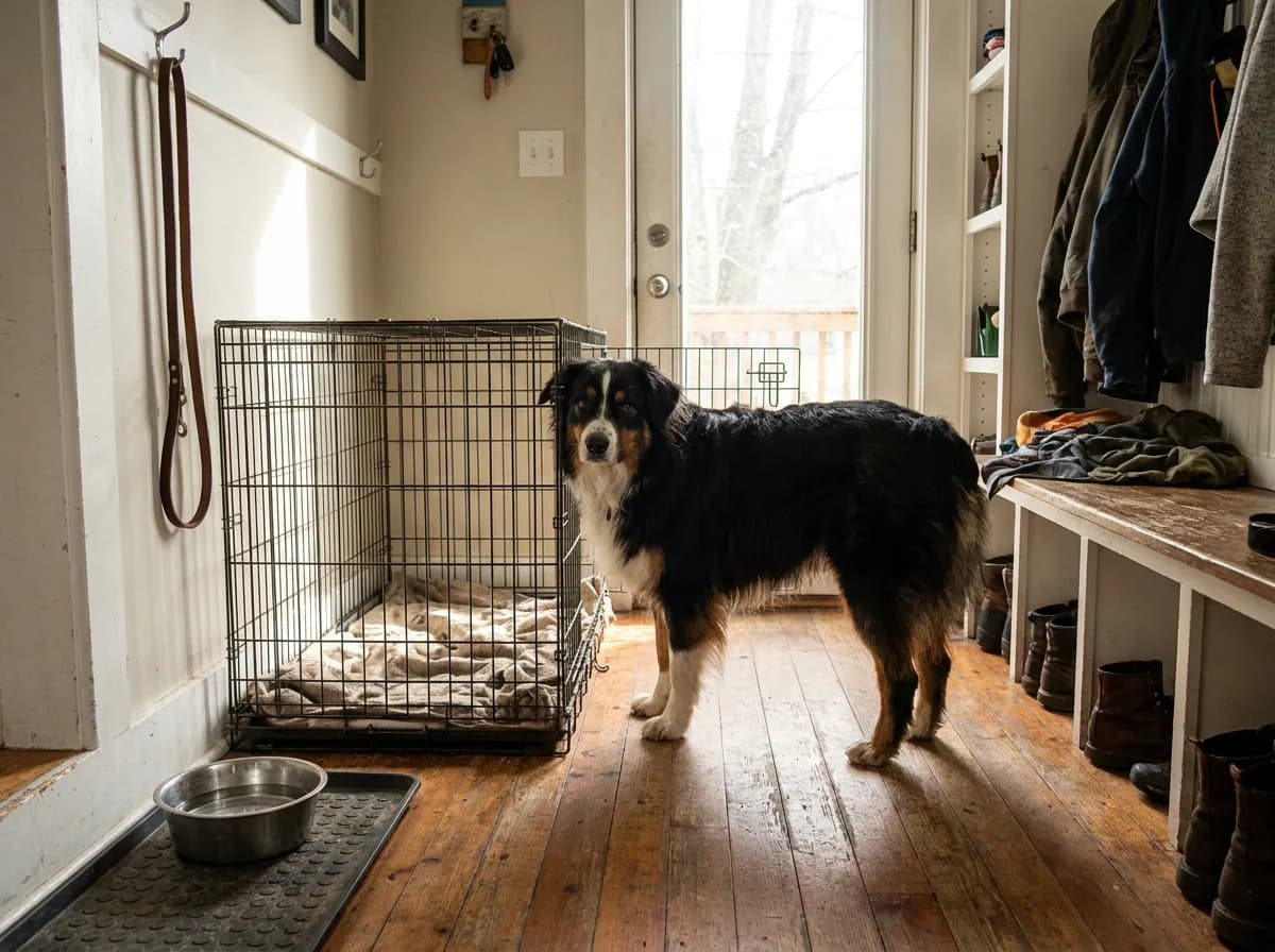 Australian Shepherd standing beside a crate, leash, and stainless-steel bowl in an entryway.