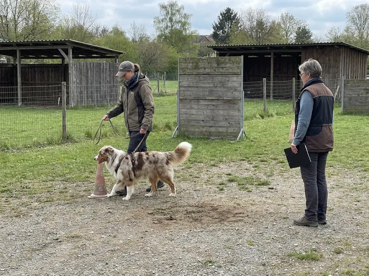 Australian Shepherd practicing a loose-leash turn with a handler in an outdoor training area.