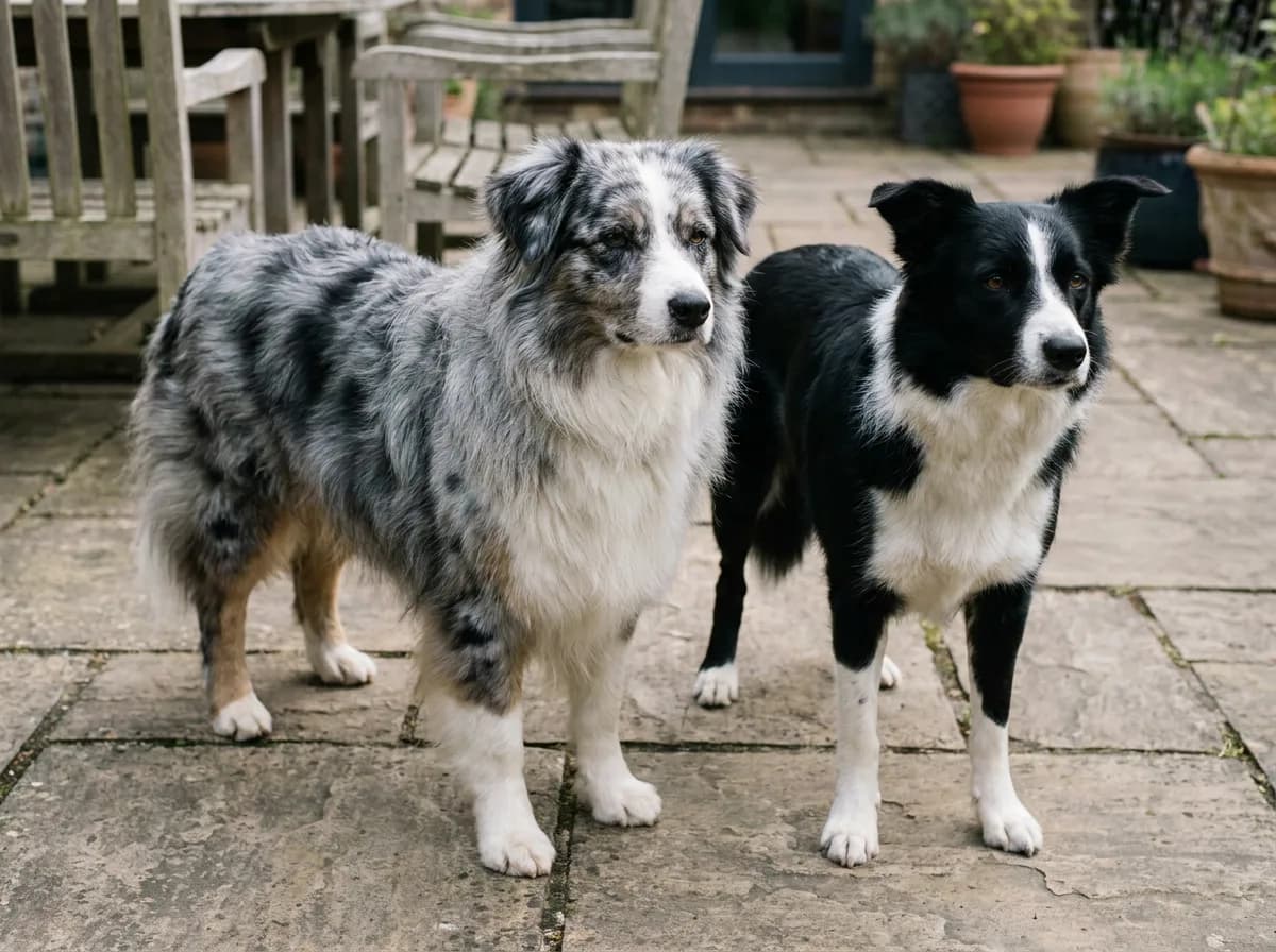 Blue merle Australian Shepherd and black-and-white Border Collie standing together on a patio.