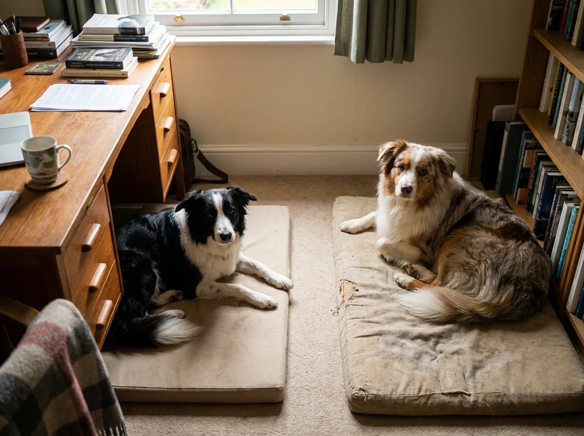 Border Collie and Australian Shepherd resting on separate mats beside a home-office desk.