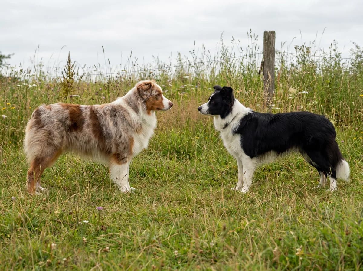 Australian Shepherd and Border Collie standing opposite each other in a grassy meadow.