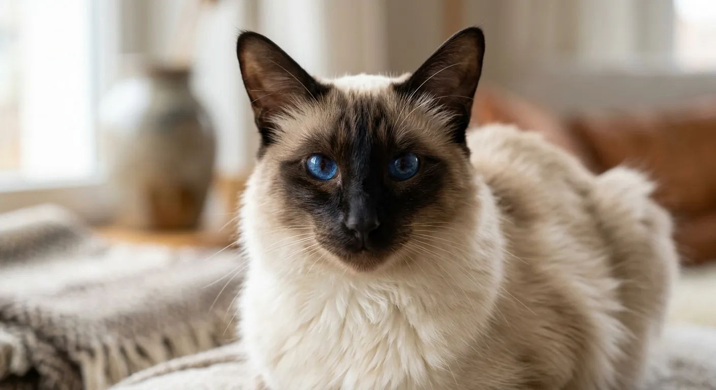Close-up of a seal-point Balinese cat showing the breed's distinctive wedge-shaped head, deep sapphire-blue almond eyes, and silky semi-long fur
