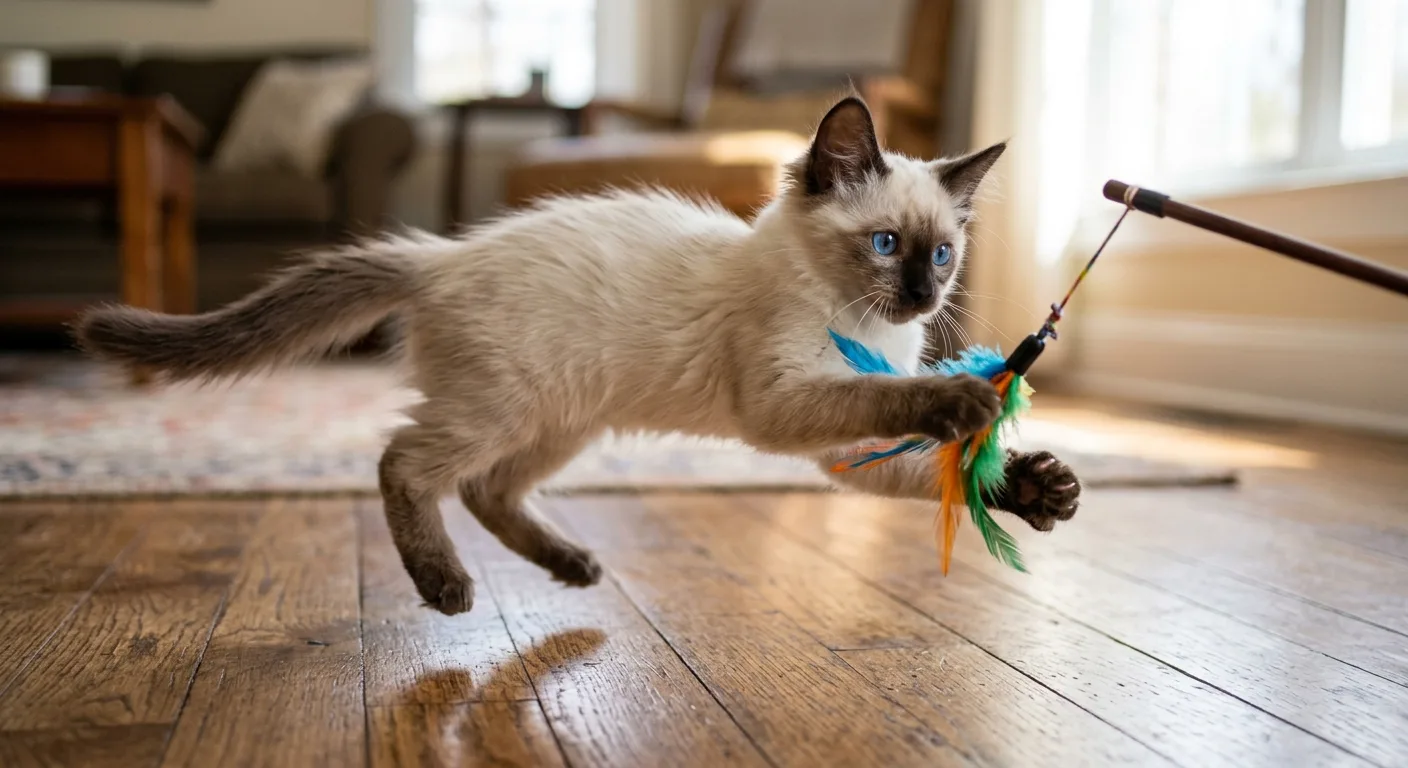 Seal-point Balinese kitten with a fluffy semi-long coat pouncing energetically at a colorful feather wand toy on a hardwood floor