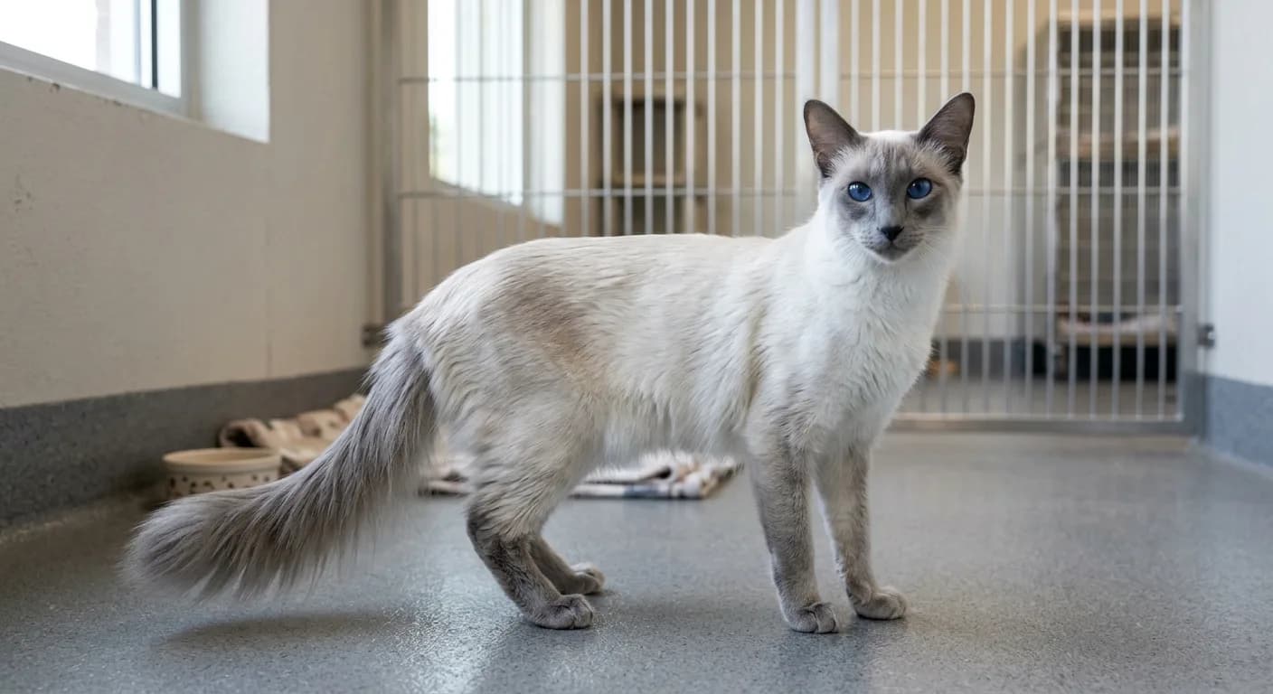 Adult blue-point Balinese cat with slate-gray points and sapphire-blue eyes in a bright shelter adoption room