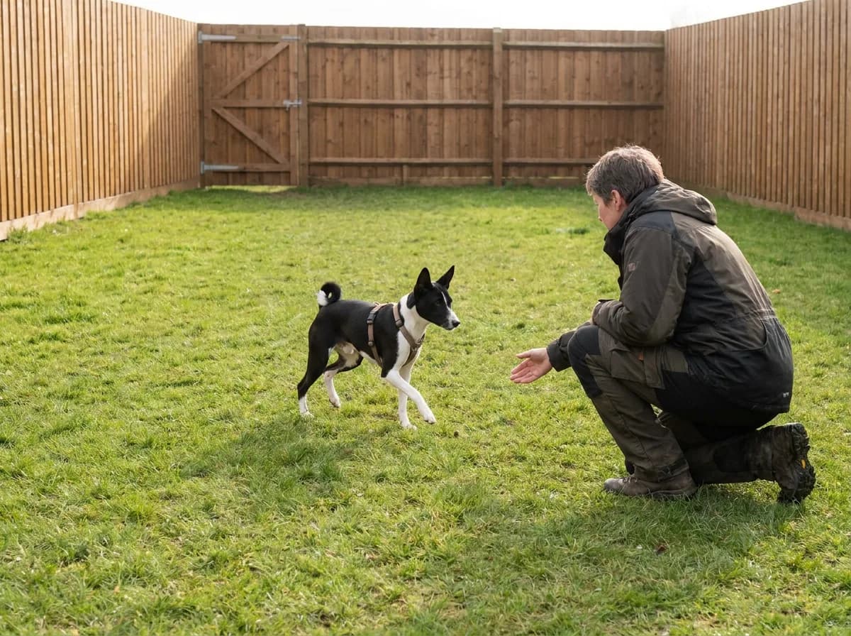 Black-and-white Basenji approaching a handler in a fenced grass yard.