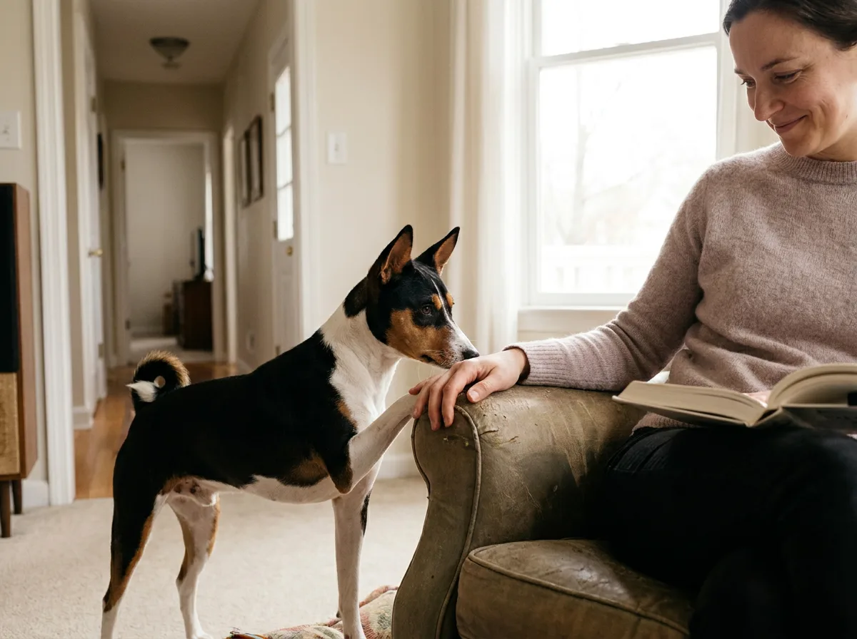 Tricolor Basenji approaching a seated adult’s hand beside an armchair.