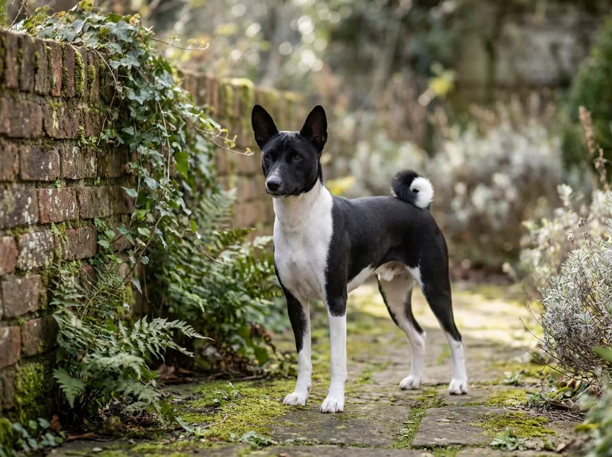 Black-and-white Basenji standing beside a garden wall.