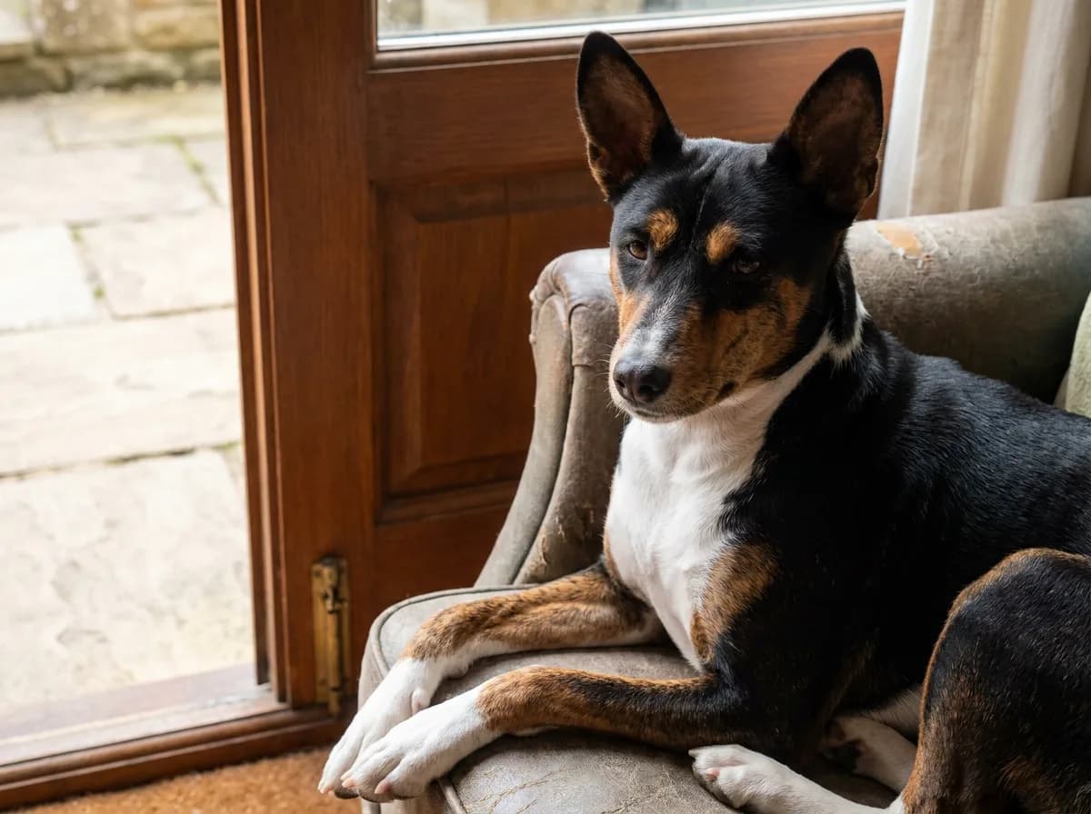 Tricolor Basenji resting beside a door with dark striping visible in tan foreleg areas.