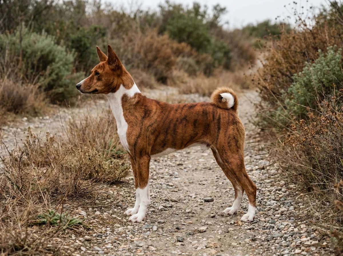 Brindle Basenji with black stripes over a red background and white chest and feet.