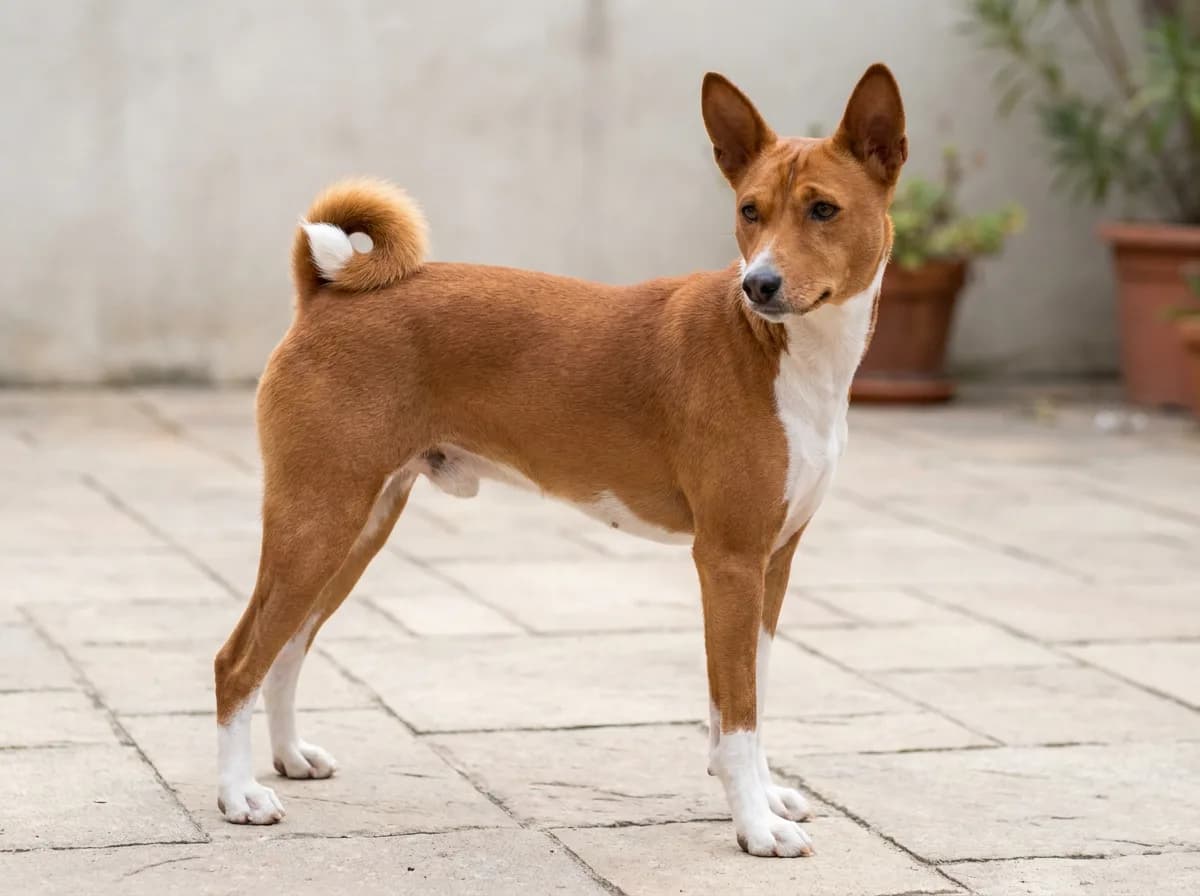 Red-and-white Basenji standing in a three-quarter view on pale paving.