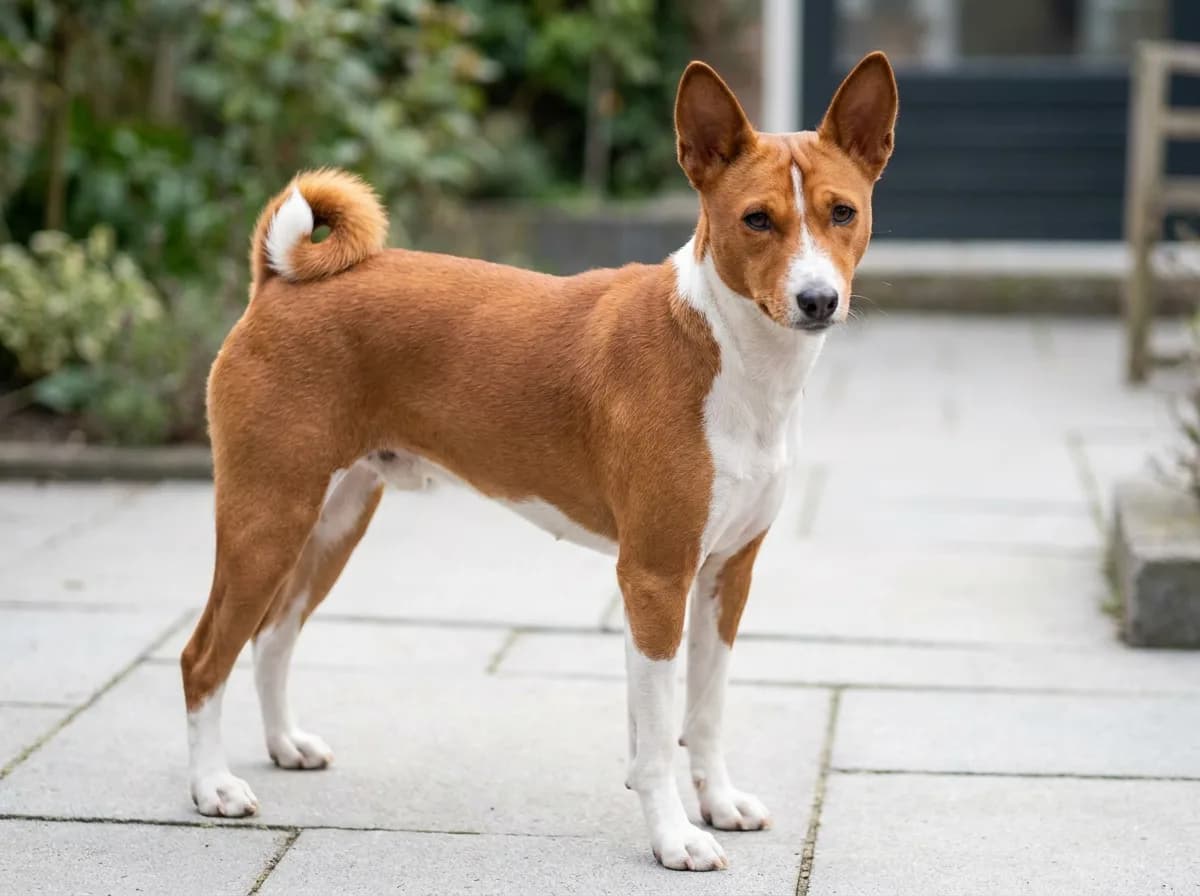 Red Basenji with white chest, feet, facial blaze, collar and visible curled tail markings.