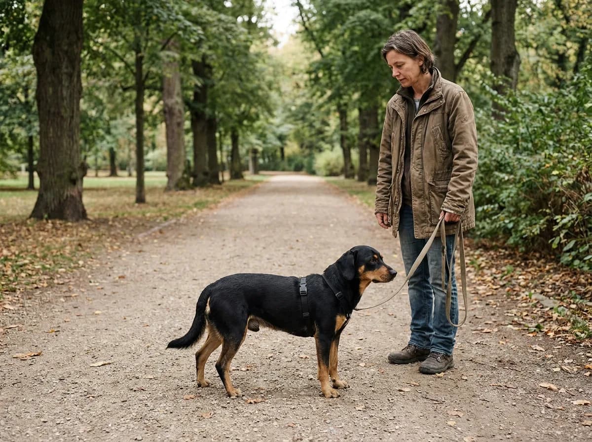 Adult beside a black-and-tan dog wearing a harness on a quiet path.