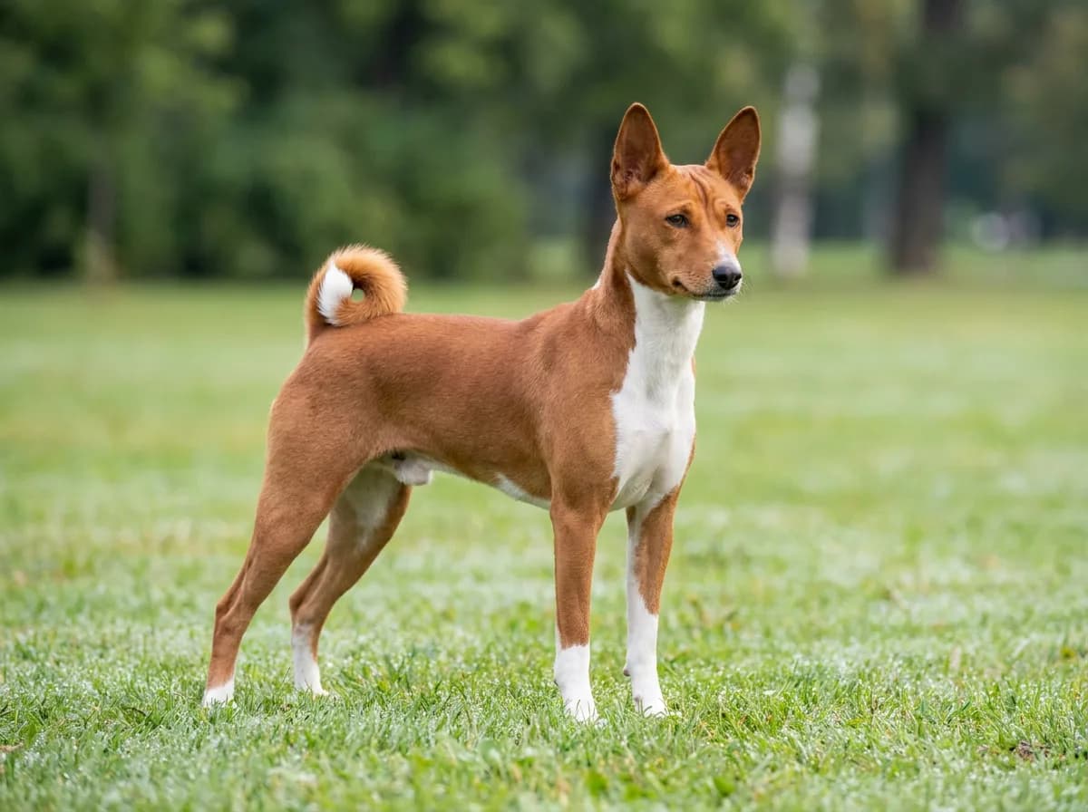 Red-and-white Basenji standing on grass with upright ears and a curled tail.