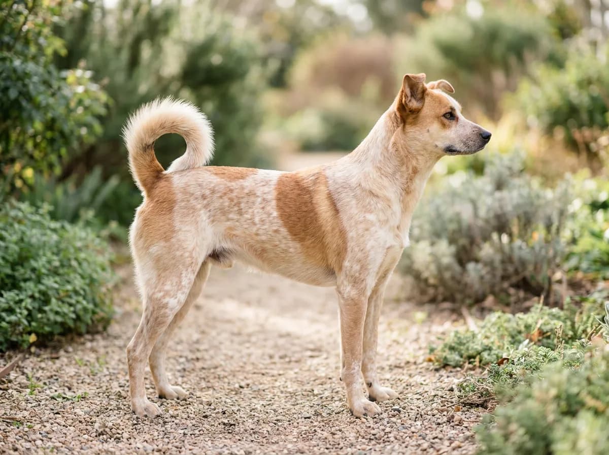 Cream-and-brown dog standing in side profile with a curled tail.